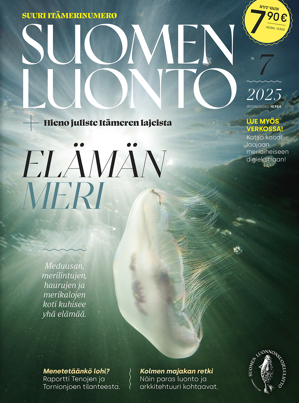 Suomen Luonto 7/2025. Kannen kuvassa meduusa. Kuvaaja Pekka Tuuri