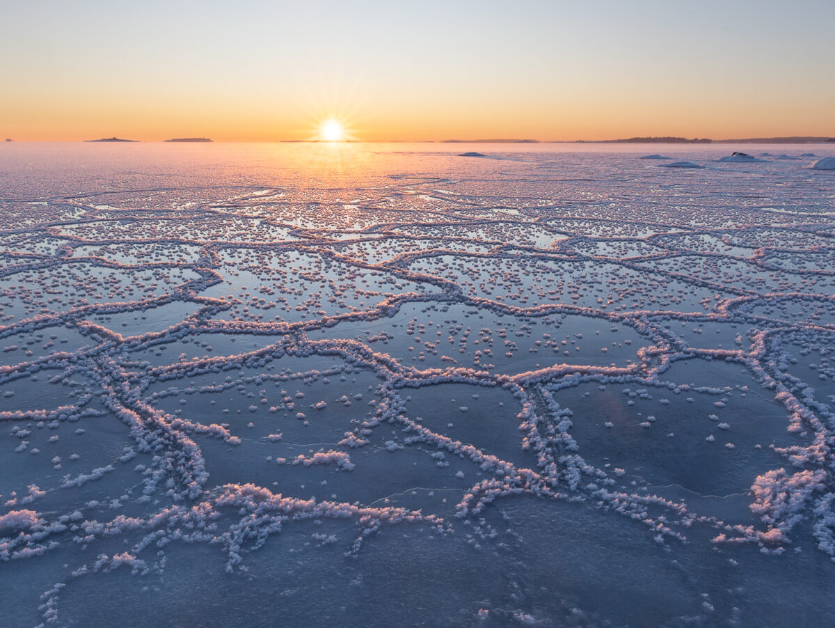 Talvikuvakisan kolmannella sijalla jääkukkasia meren jäällä Helsingissä.