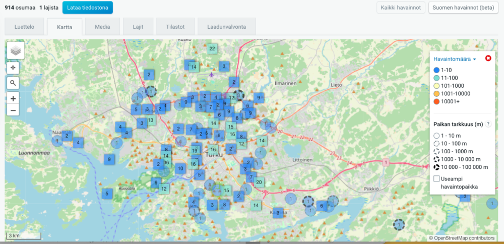 Kuvakaappaus Laji.fi-sivulta mistelihavainnoista Turun alueella.