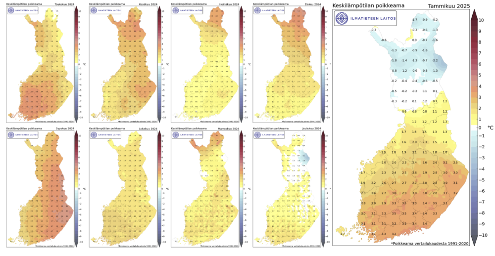 Yhdeksän karttakuvaa: toukokuusta 2024 tammikuuhun 2025 lämpötilan poikkeamat normaalista Suomessa. Kaikki kuukaudet ovat pääosin oransseja, mikä tarkoittaa että ne olivat tavanomaista lämpimämpiä.