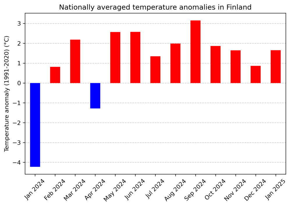 Pylväsdiagrammi kuukausikohtaisista lämpötilapoikkeamista tammikuun 2024 ja tammikuun 2025 välillä.